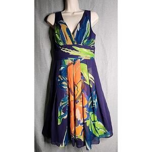 Adrianna Papell Silk Dress Purple Floral Size 8 Sleeveless Tiered Party Cocktail